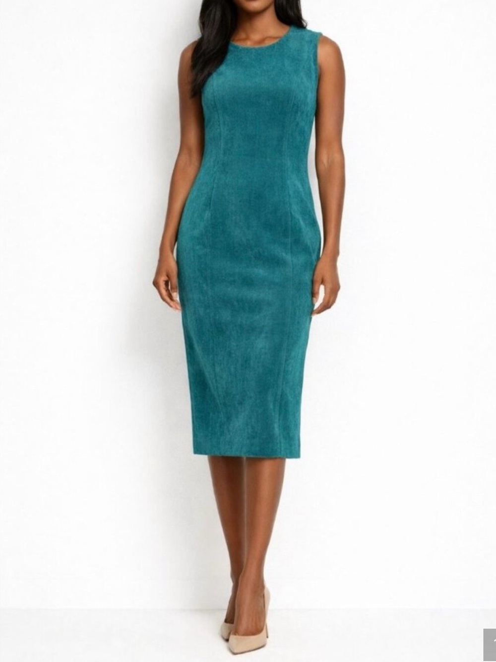 Calvin Klein Faux Suede Sheath Dress Size 14 Teal Blue Sleeveless Career